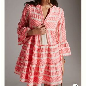 Anthropologie Petra Embroidered Tunic Dress Hot Pink Medium
